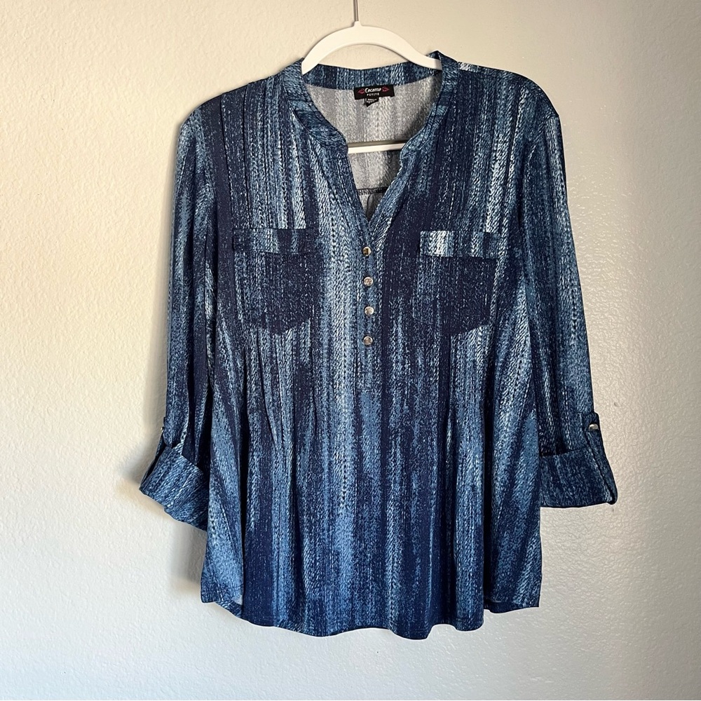 Cocomo Blue  Blouse PXL 3/4 Roll-Up Sleeve Front Pockets  Stretch Boho Soft